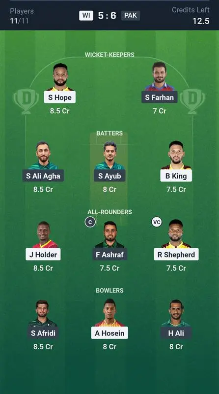 WI vs PAK Grand League Team