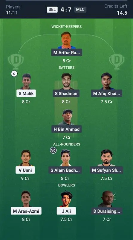 SEL vs MLC Grand League Team