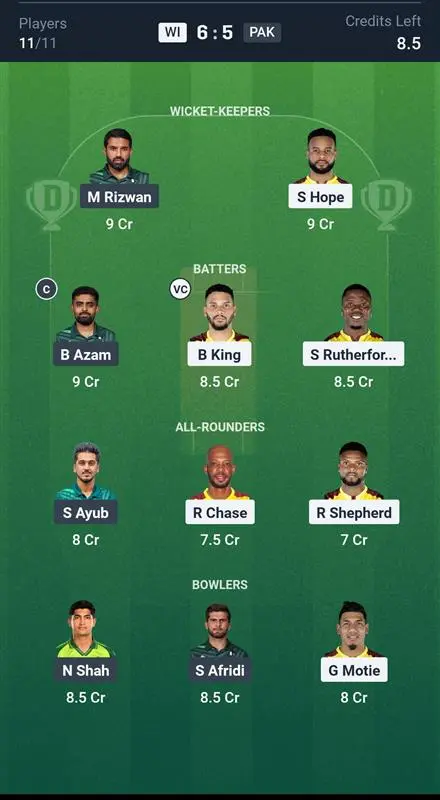 WI vs PAK Grand League Team