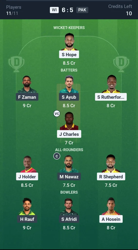 WI vs PAK Grand League Team